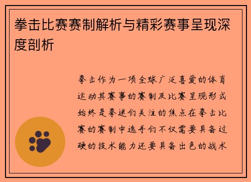 拳击比赛赛制解析与精彩赛事呈现深度剖析