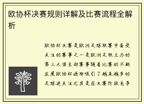 欧协杯决赛规则详解及比赛流程全解析