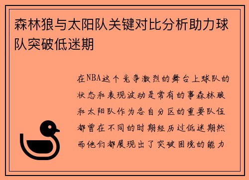森林狼与太阳队关键对比分析助力球队突破低迷期