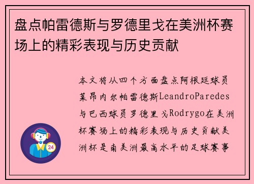 盘点帕雷德斯与罗德里戈在美洲杯赛场上的精彩表现与历史贡献