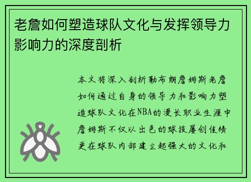 老詹如何塑造球队文化与发挥领导力影响力的深度剖析