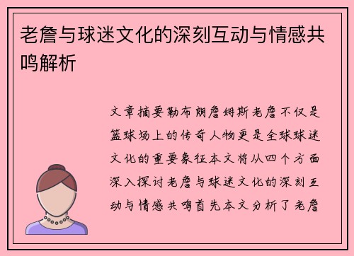 老詹与球迷文化的深刻互动与情感共鸣解析