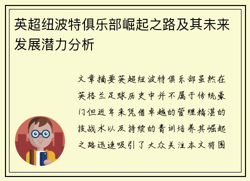 英超纽波特俱乐部崛起之路及其未来发展潜力分析