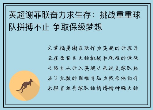 英超谢菲联奋力求生存:挑战重重球队拼搏不止 争取保级梦想 英超谢菲联奋力求生存:挑战重重球队拼搏不止 争取保级梦想